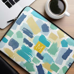 Colourful Brush Strokes and Yellow Monogram Laptop Sleeve<br><div class="desc">Fun monogrammed design featuring a cool pattern of messy paint strokes in bright green,  yellow,  aqua,  and blue colours.</div>