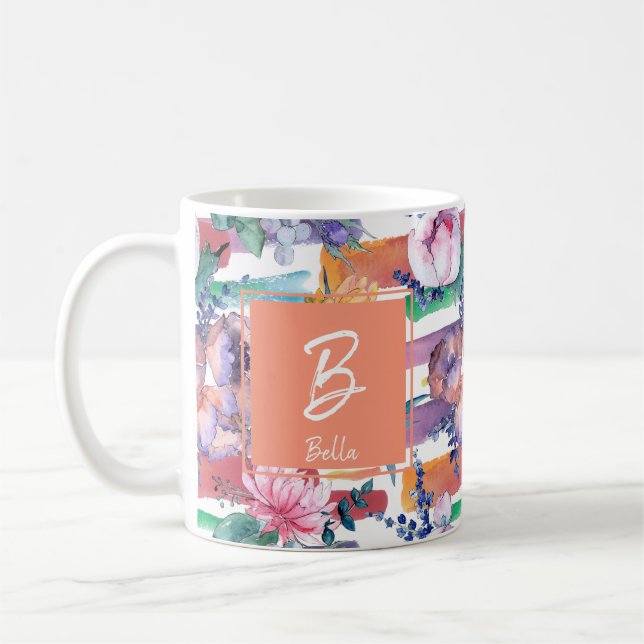 Colourful Brush Strokes Monogram Floral Mug (Left)