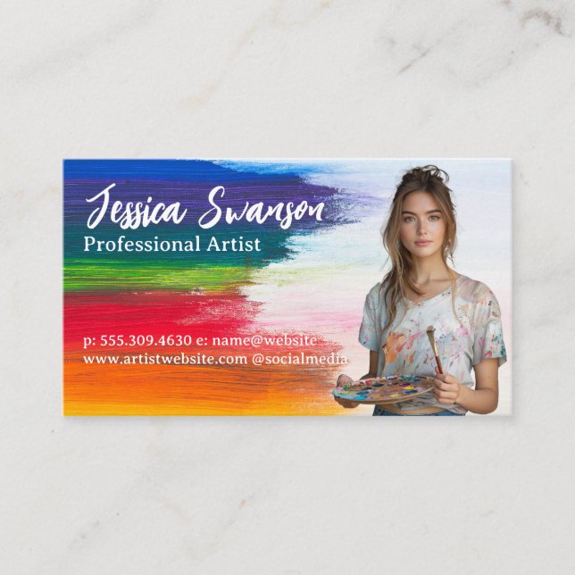 Colourful Brush Strokes | Young Woman Artist Business Card (Front)