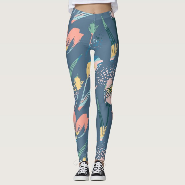 Colourful brushstrokes modern flowers pattern leggings (Front)