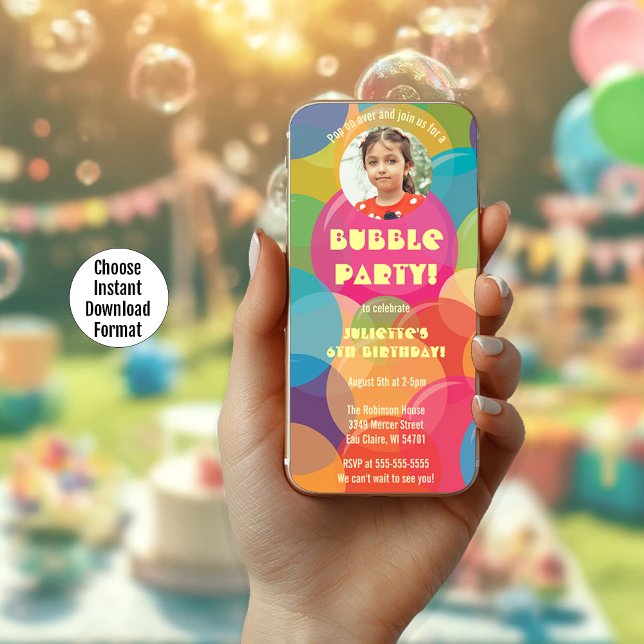 Colourful Bubble Party Photo Digital Invitation (Choose Instant Download Format in Drop Down Menu)