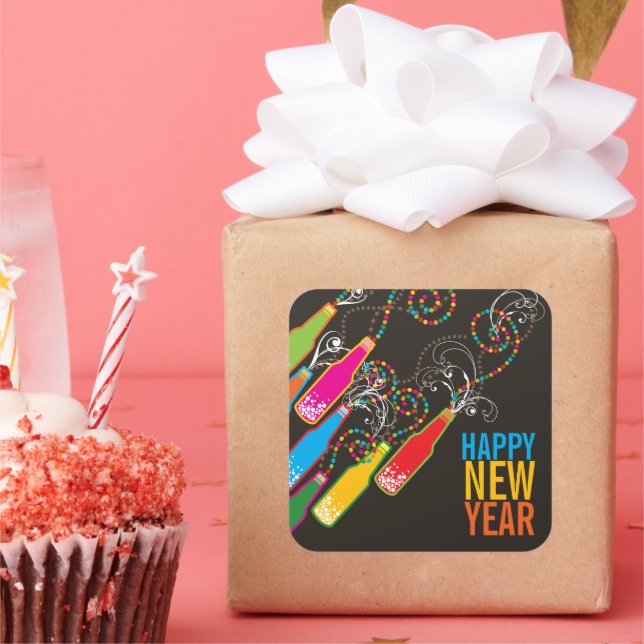 Colourful Bubbly Bottles Modern Cheers Fun New Yea Square Sticker (Party)