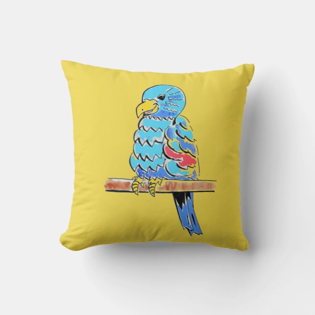 Colourful Budgie on a Perch Cushion (Front)