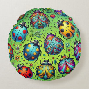 Colourful bugs round cushion