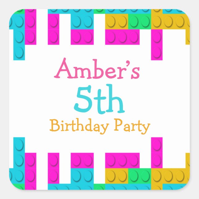Colourful Building Blocks Girl Birthday Party Square Sticker (Front)