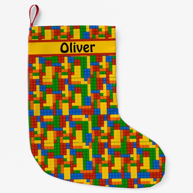 Colourful Building Bricks Pattern Personalised Small Christmas Stocking (Front)