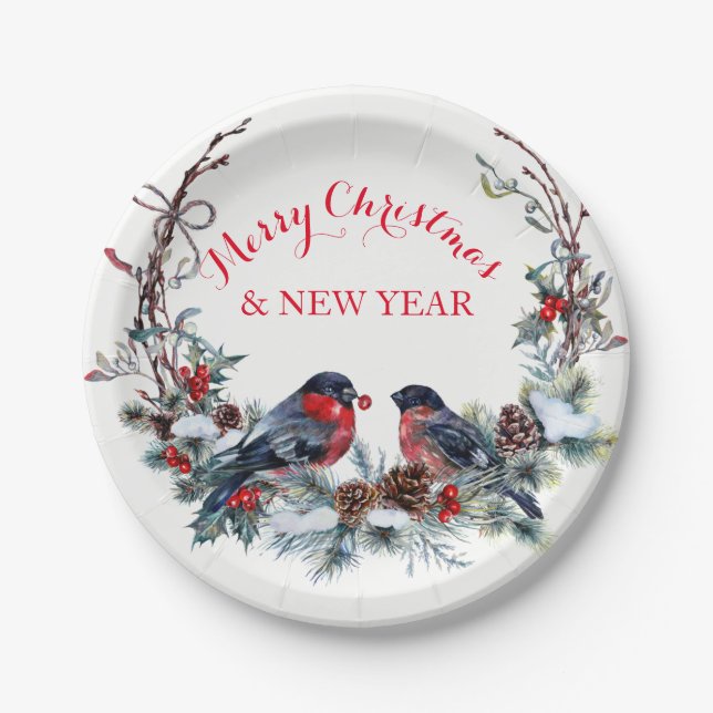 Colourful Bullfinches Wreath - Merry Christmas Paper Plate (Front)