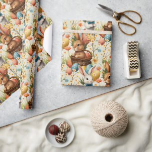 Colourful Bunnies Easter Eggs & Flowers Pattern Wrapping Paper