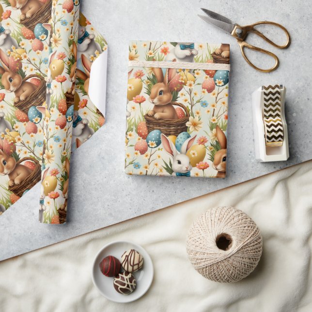 Colourful Bunnies Easter Eggs & Flowers Pattern Wrapping Paper (Crafts)