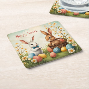 Colourful Bunnies Easter Eggs & Flowers Square Paper Coaster