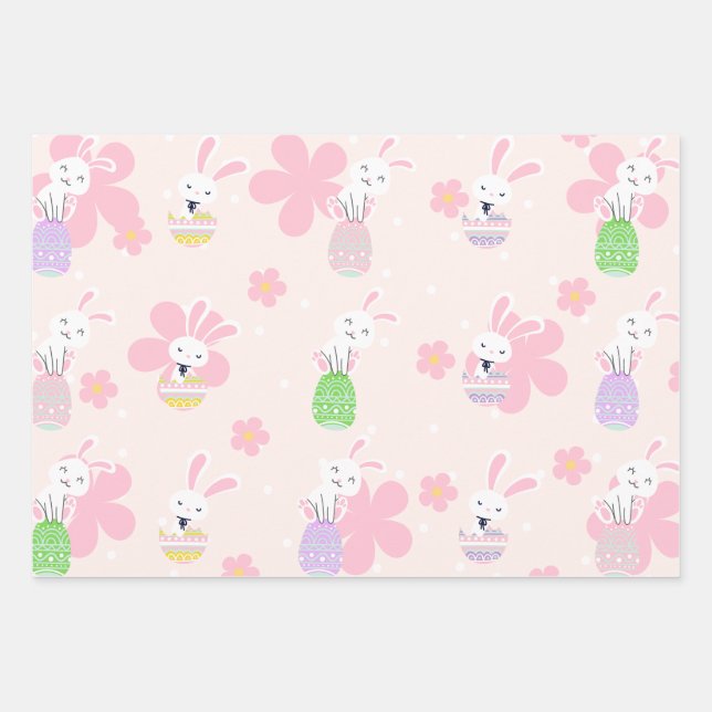 Colourful Bunny Easter Egg Flowers Pattern Wrapping Paper Sheet (Front)