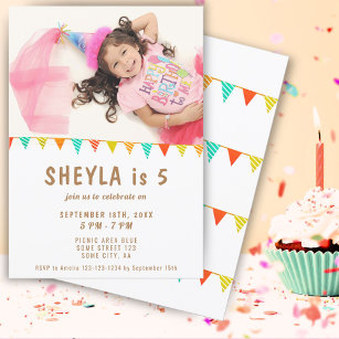 Colourful Bunting Flag Girl Birthday Party Photo Invitation