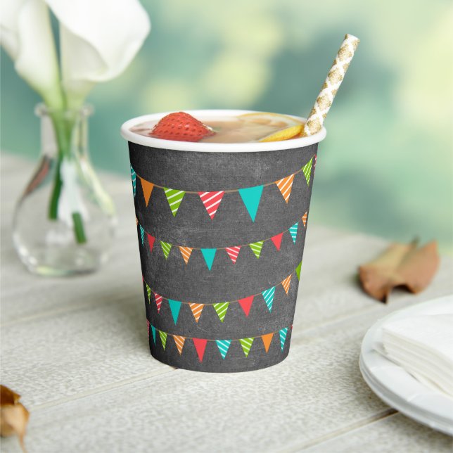 Colourful Bunting Flags Chalkboard Birthday Party Paper Cups (Insitu)