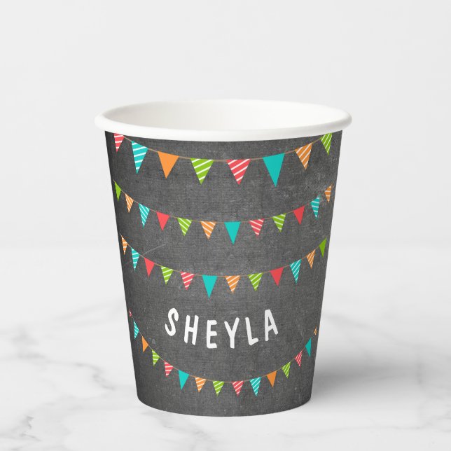Colourful Bunting Flags Chalkboard Kids Birthday Paper Cups (Front)