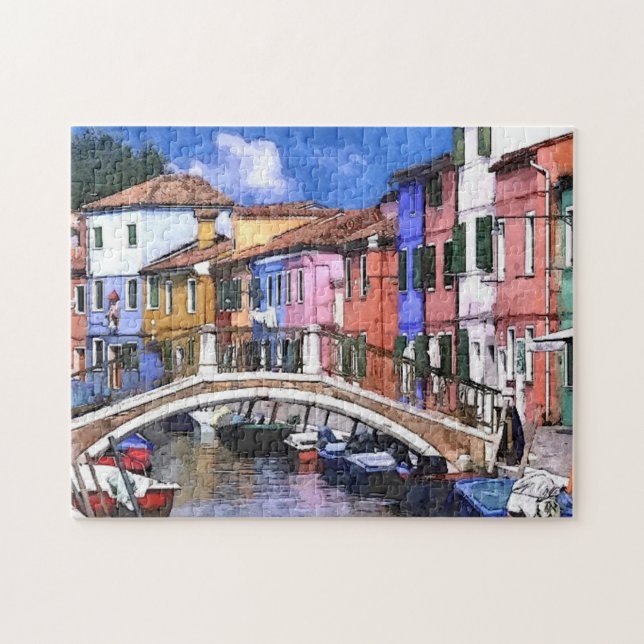 Colourful Burano Island In Venice Watercolor Art Jigsaw Puzzle (Horizontal)