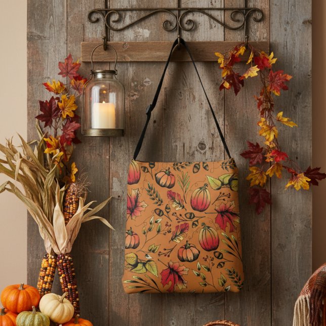 Colourful Burnt Orange Fall Harvest Hand-Drawn Crossbody Bag (Rustic Fall Harvest Pumpkin, Orange Gourds & Leaves Pattern in Autumn Colors for Fall & Thanksgiving)
