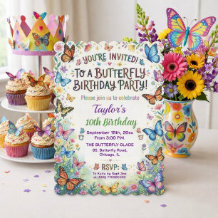 Colourful Butterflies 10th Birthday Party Invitation