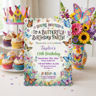 Colourful Butterflies 13th Birthday Party Invitation
