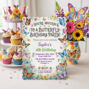 Colourful Butterflies 4th Birthday Party Invitatio Invitation