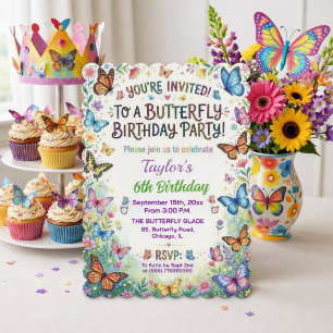 Colourful Butterflies 6th Birthday Party Invitatio Invitation