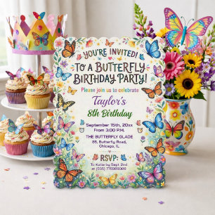 Colourful Butterflies 8th Birthday Party Invitatio Invitation