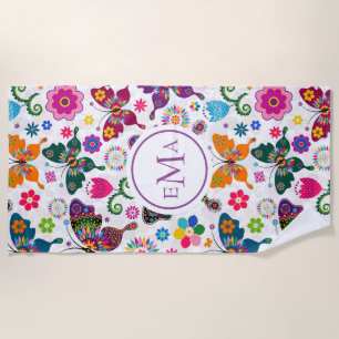 Colourful butterflies and flowers pattern beach towel