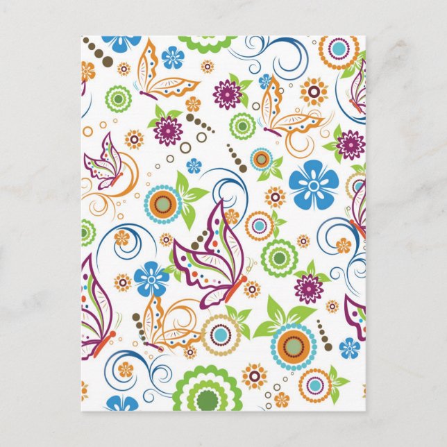 Colourful Butterflies And Flowers Pattern Postcard (Front)