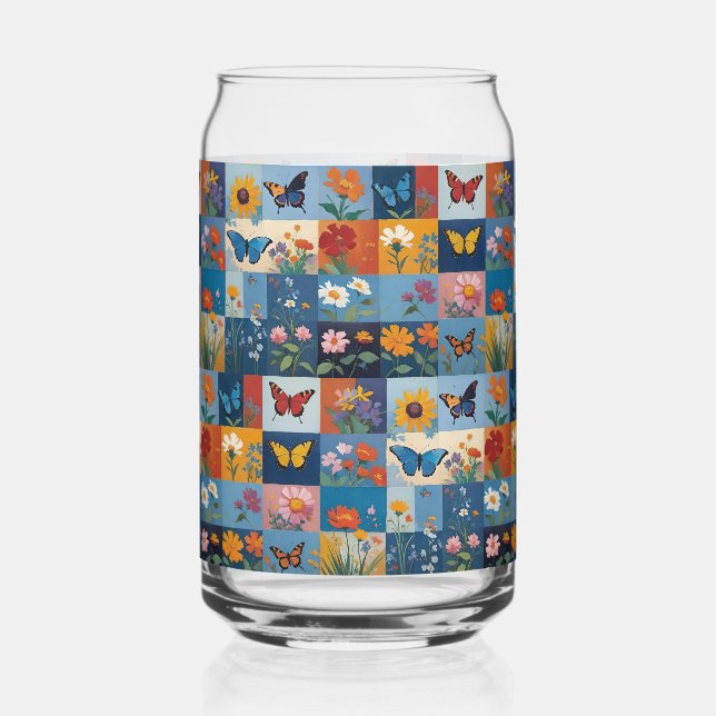 Colourful Butterflies And Wildflowers Patchwork Can Glass (Right)