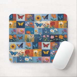 Colourful Butterflies And Wildflowers Patchwork Mouse Pad