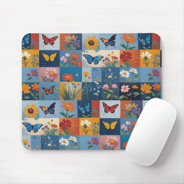 Colourful Butterflies And Wildflowers Patchwork Mouse Pad (With Mouse)