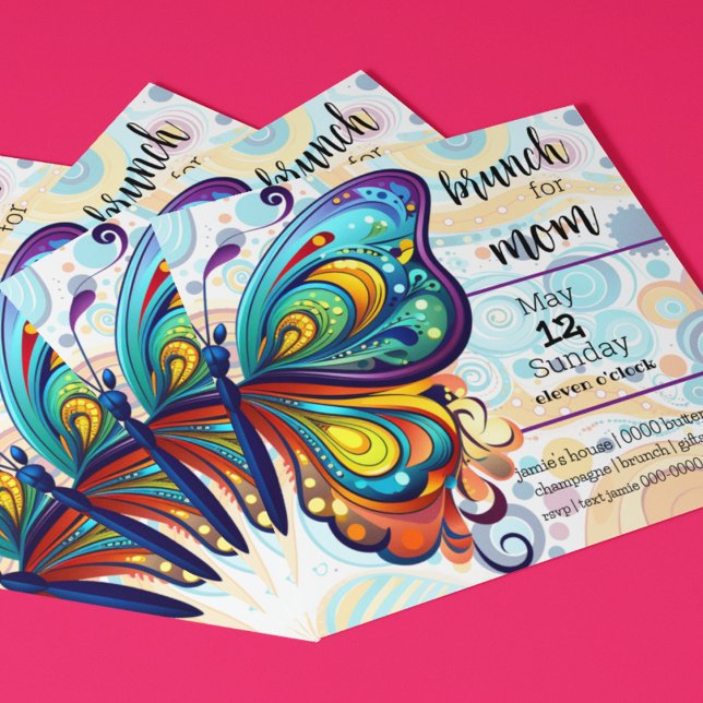 Colourful Butterflies | Brunch for Mum  Invitation (Bright & bold butterflies on a customizable Mother's Day Brunch invitation. Rainbow themed. )