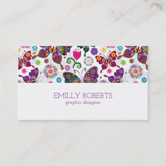 Colourful Butterflies Flowers Pattern Business Card (Front)