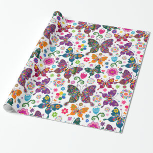Colourful Butterflies & Flowers Pattern Wrapping Paper