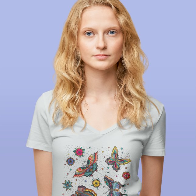 Colourful Butterflies Flowers Summer Time V-Neck  T-Shirt (Creator Uploaded)