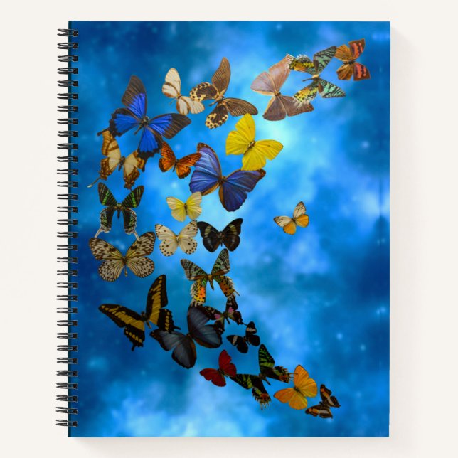 Colourful Butterflies Flying over Blue Clouds Notebook (Front)