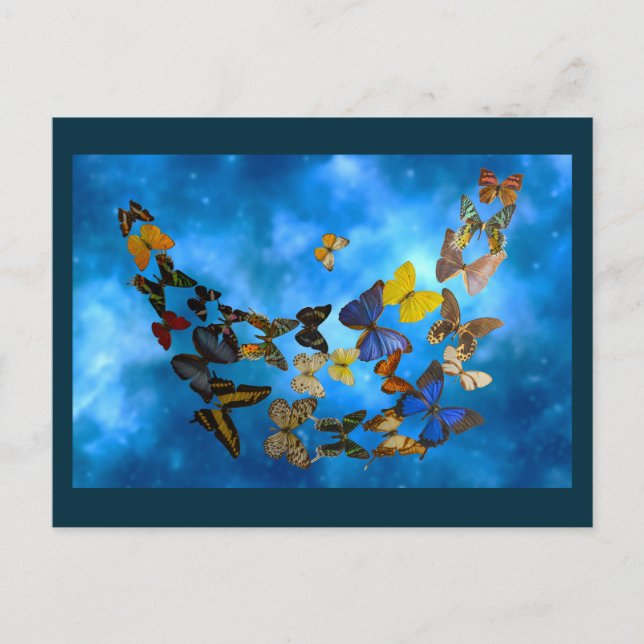 Colourful Butterflies Flying over Blue Clouds Postcard (Front)