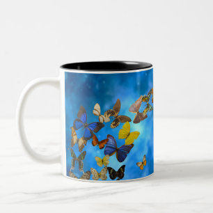 Colourful Butterflies Flying over Blue Clouds Two-Tone Coffee Mug