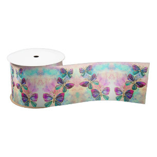 Colourful Butterflies Flying - Spring - Watercolor Satin Ribbon