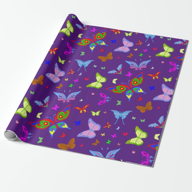 Colourful Butterflies In Flight Festive Pattern Wrapping Paper (Unrolled)