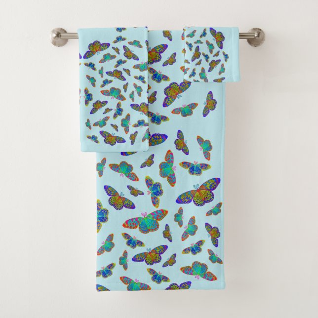 Colourful butterflies on baby blue - customisable  bath towel set (Insitu)