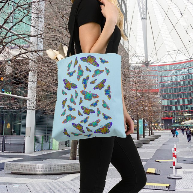Colourful butterflies on baby blue - customisable  tote bag (Creator Uploaded)