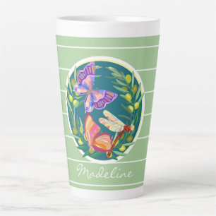 Colourful butterflies on green, personalised latte mug