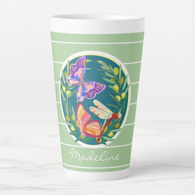 Colourful butterflies on green, personalised latte mug (Front)