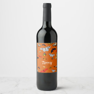 Colourful butterflies on orange wine label