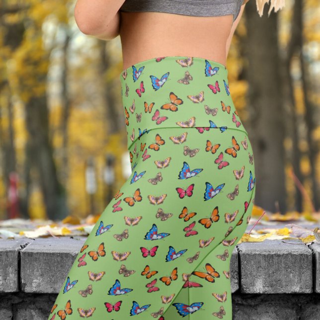 Colourful Butterflies on Sage Pattern Yoga Capri Leggings (Colorful Butterflies on Sage )