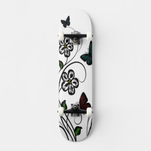 Colourful Butterflies on White Flowers Skateboard