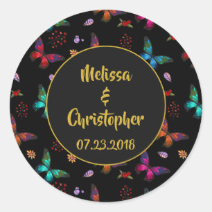 Colourful Butterflies Pattern on Black Wedding Classic Round Sticker