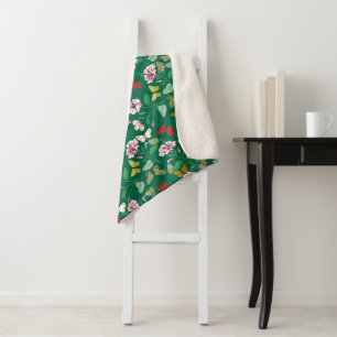 Colourful Butterflies Pink Flowers Green Botanical Sherpa Blanket