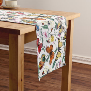Colourful Butterflies Pink Flowers & Green Leaves Short Table Runner