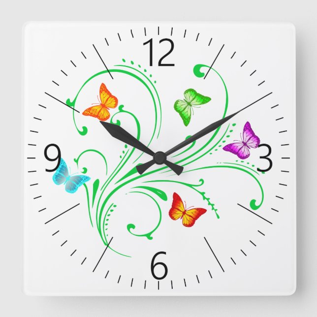 Colourful butterflies square wall clock (Front)